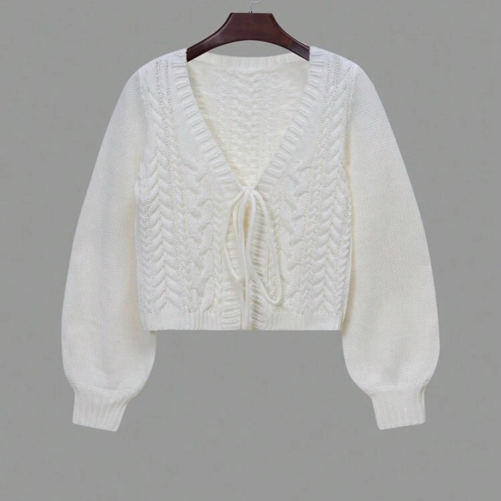 SHEIN White Cable Knit Cardigan with Puff Sleeves